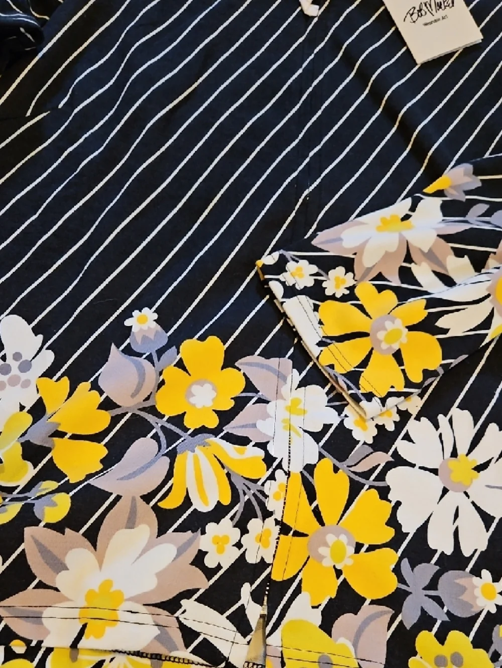 Bob Mackie Navy/Black Pinstripe Zip Up Top with Yellow & White Floral Border - Picture 3 of 4